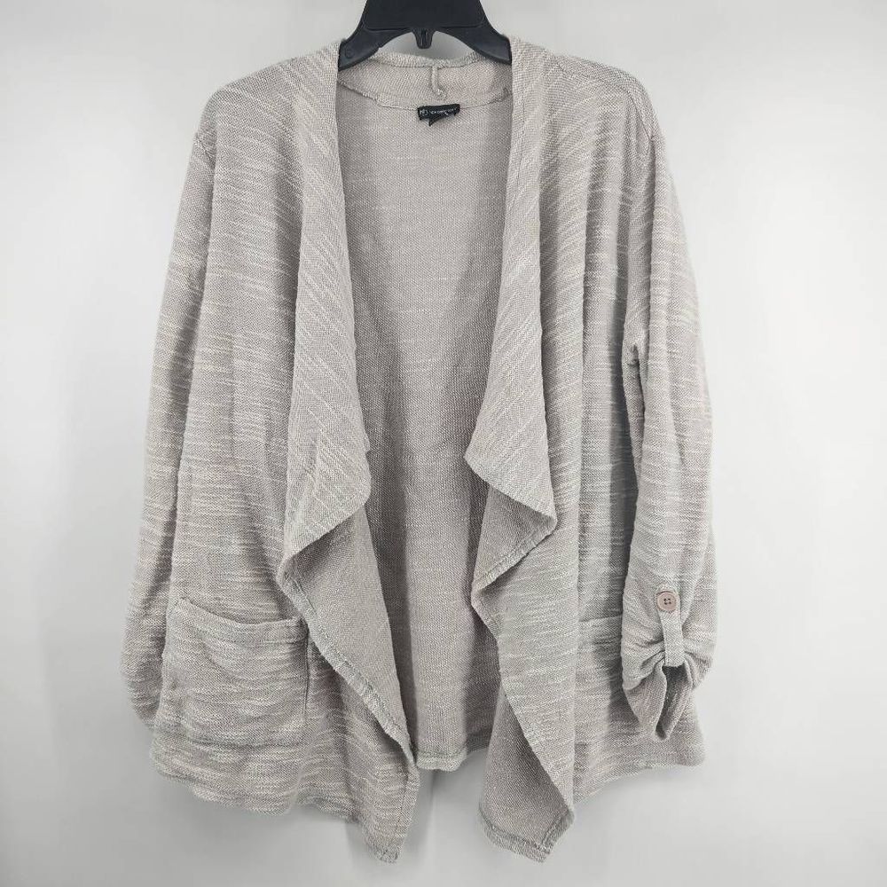 New Directions Gray Pockets Button Tab Sleeve Open Style Cardigan Large Knit